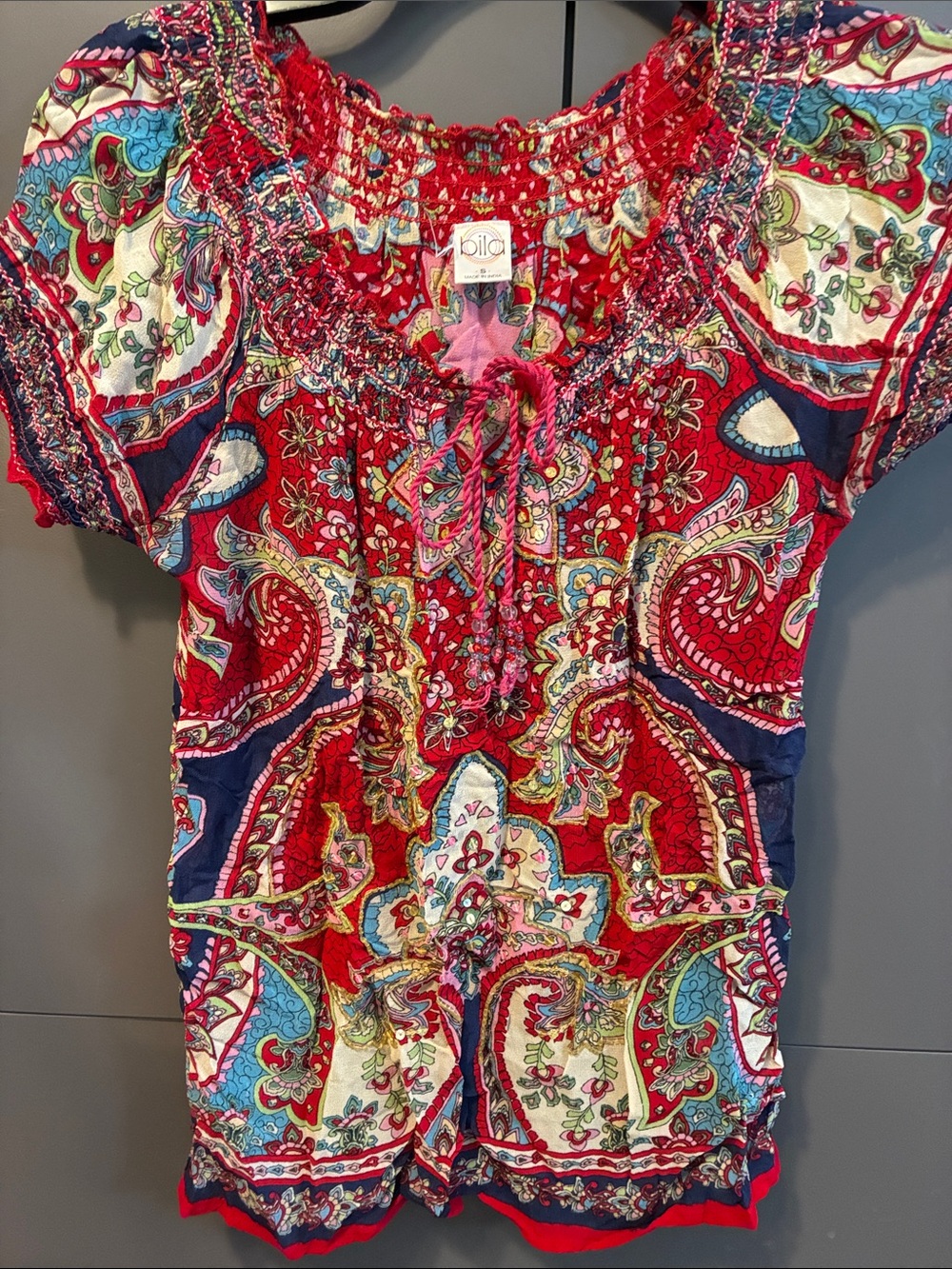 Bila Multicolor Paisley Smocked Peasant Tunic - Red Focus